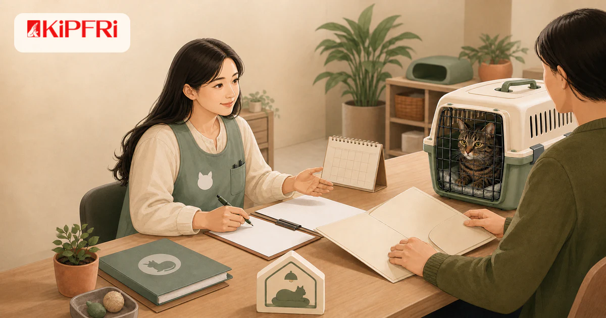 보호센터에서 입양 상담을 받는 보호자와 안전하게 닫힌 이동장 안의 고양이